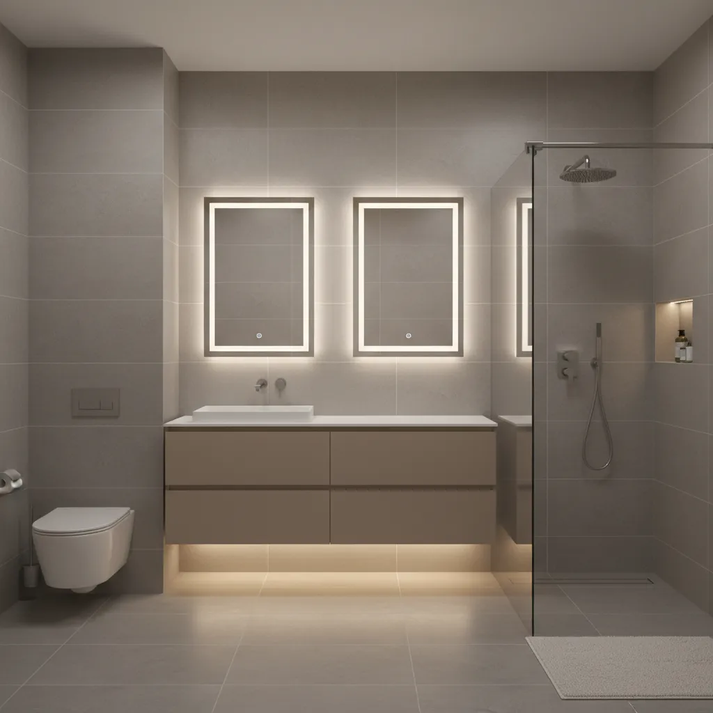 bathroom with flat grey and tan palette lacking contrast
