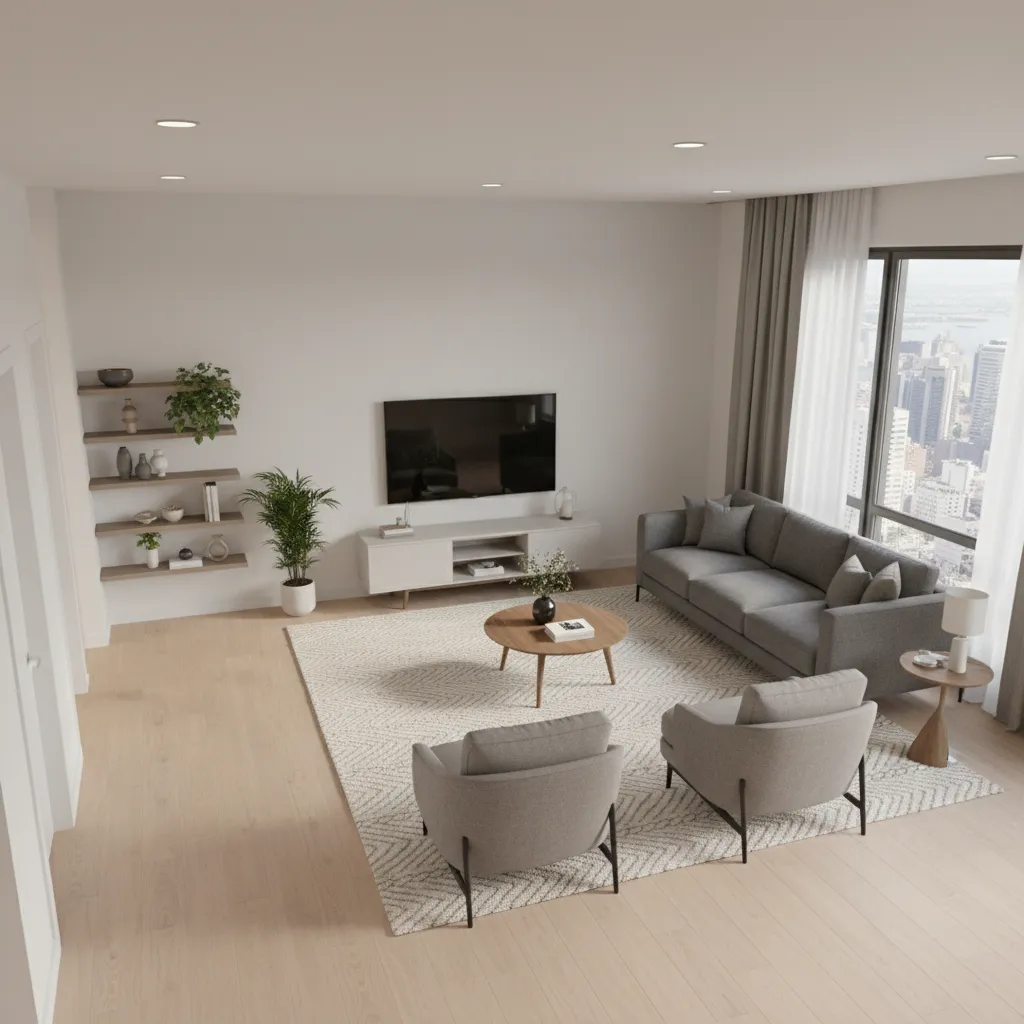 apartment living room furniture layout showing seating zone and walkway