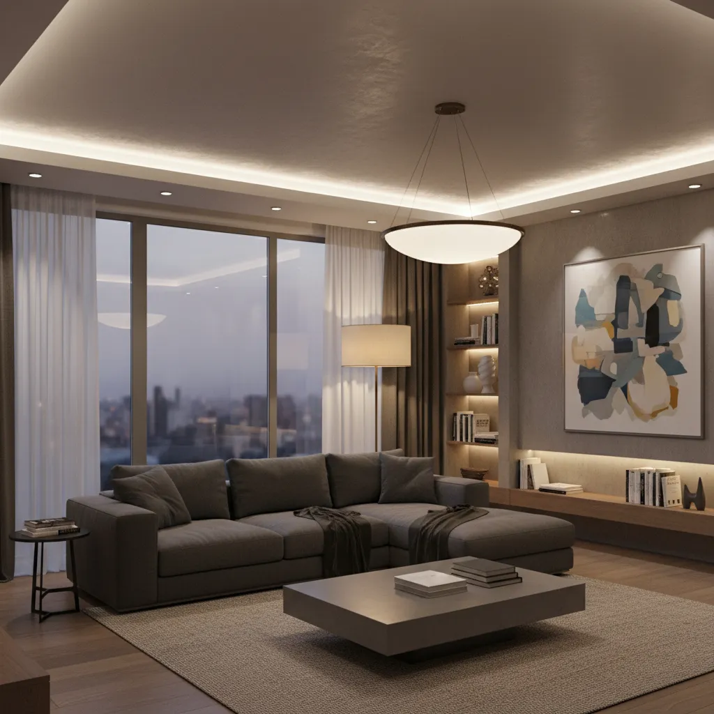 apartment living room with layered lighting floor lamp ceiling light and ambient glow