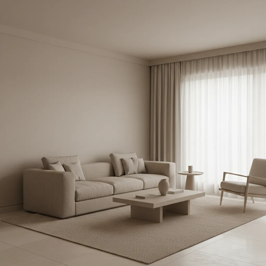 flat beige living room with minimal contrast showing common nude interior mistake