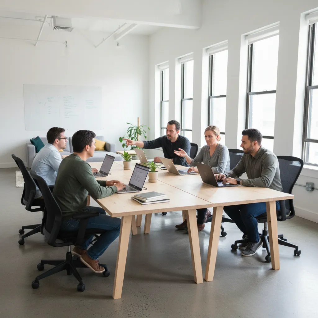 Modern office team in casual clothes sitting around wooden table with laptops and green plants