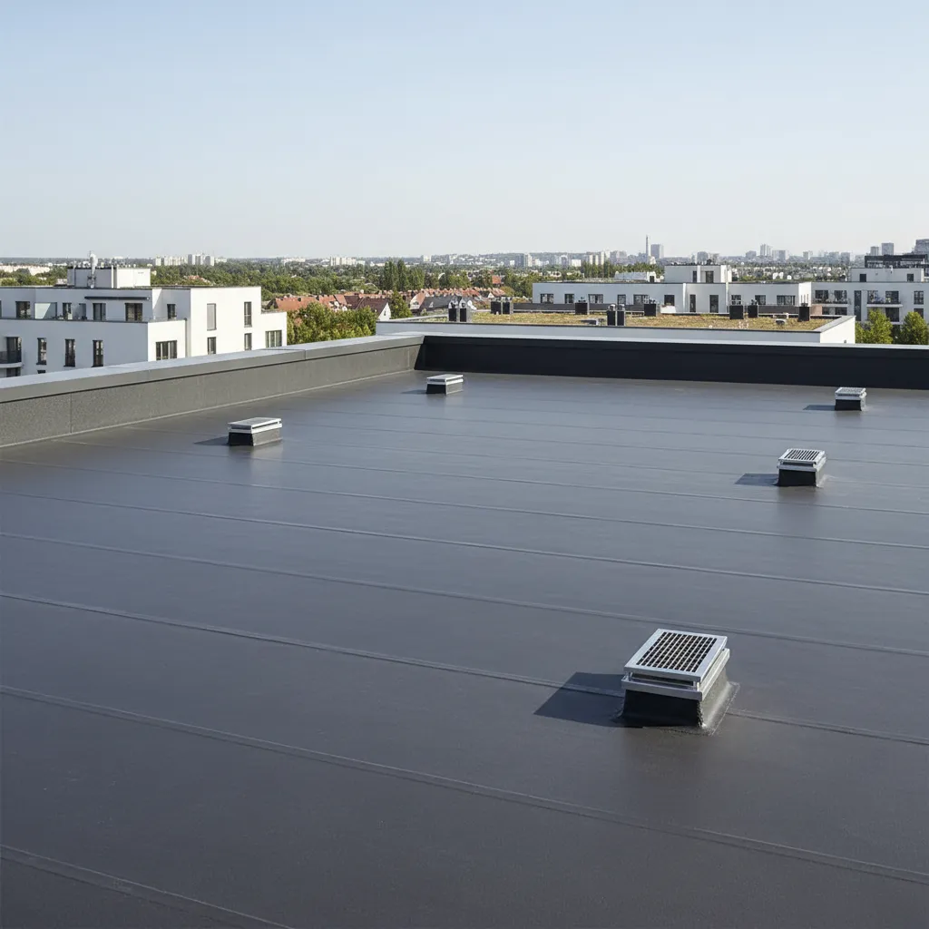 completed flat roof membrane system with drainage outlets