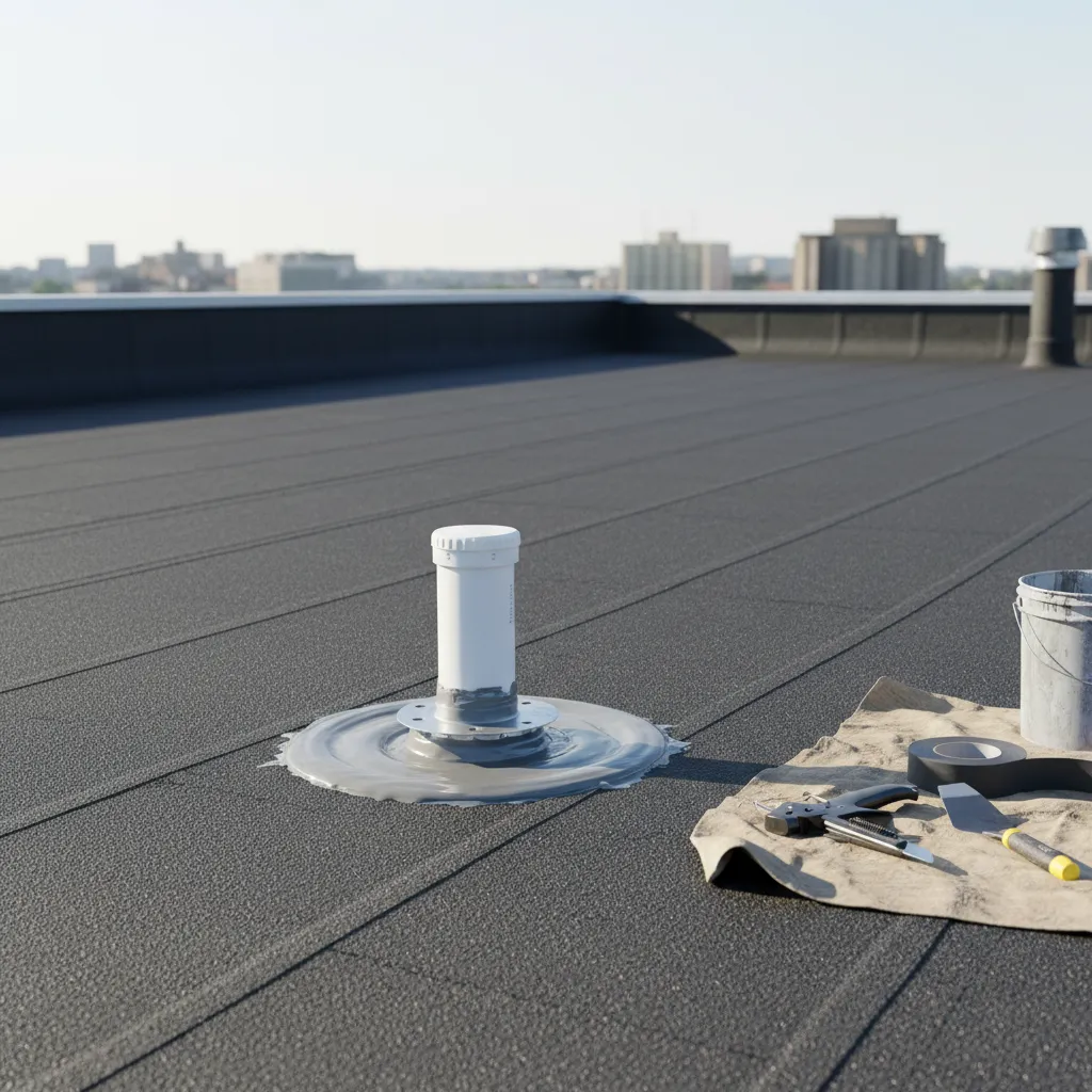 Flat roof repair area with tools and sealant around vent flashing