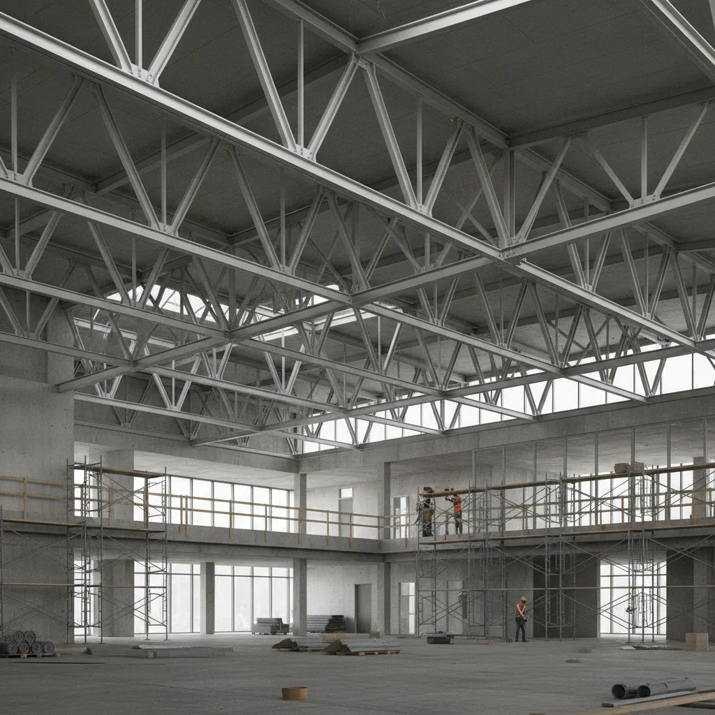 steel truss frame supporting a flat roof structure