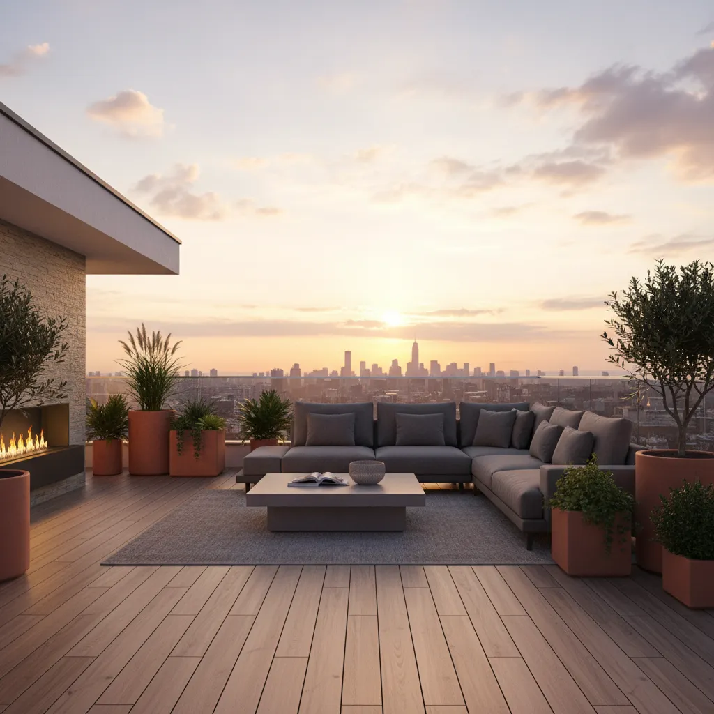 Rooftop terrace with grey sofa coffee table green plants and sunset view of city skyline