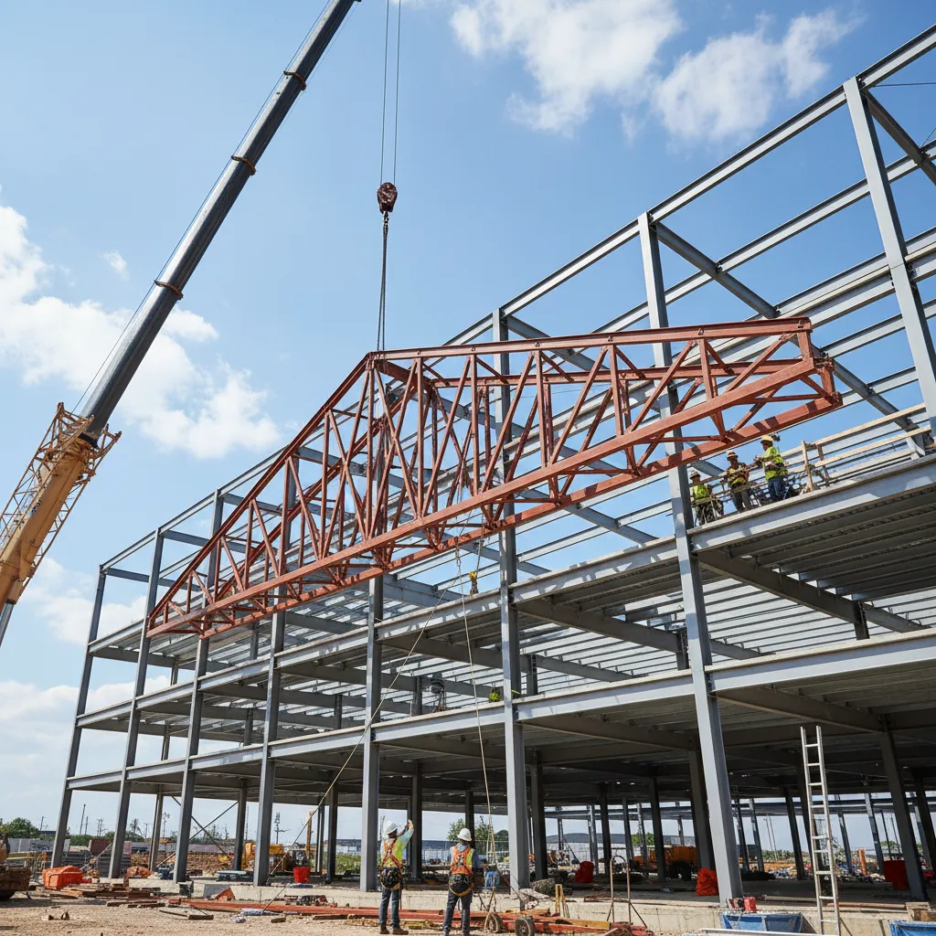crane installing steel trusses on a flat roof building frame