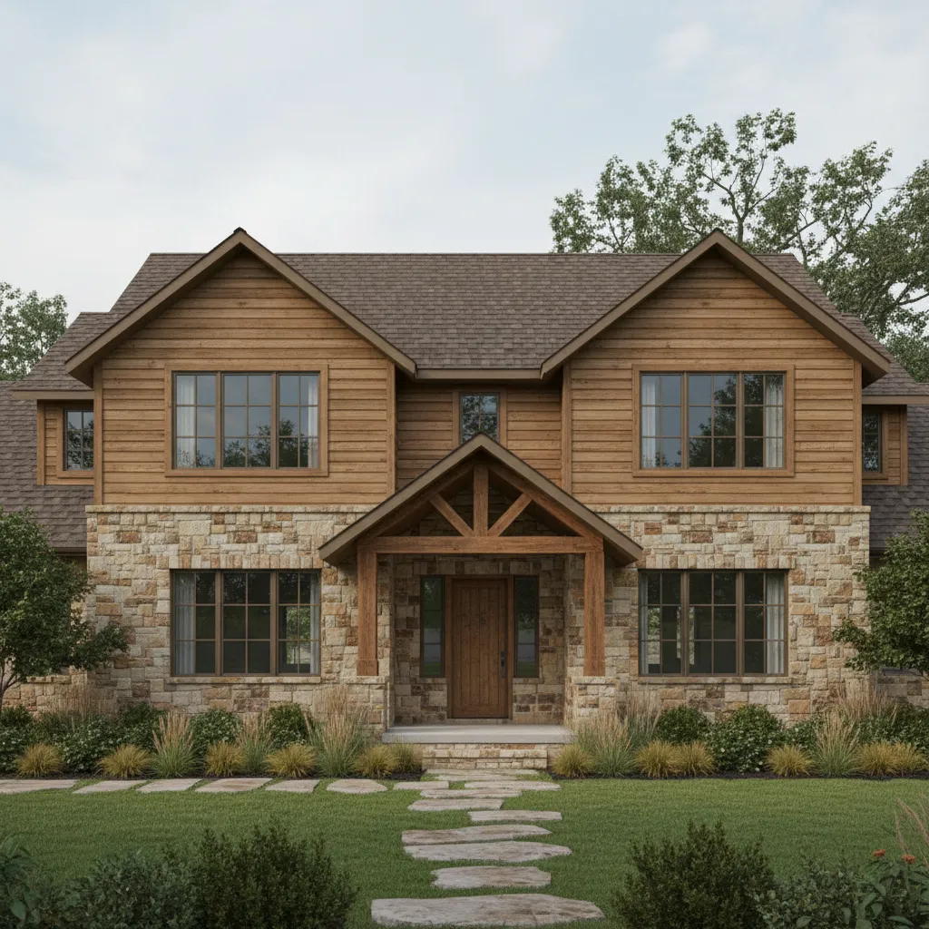 Rustic house exterior with overly similar brown tones creating a flat appearance