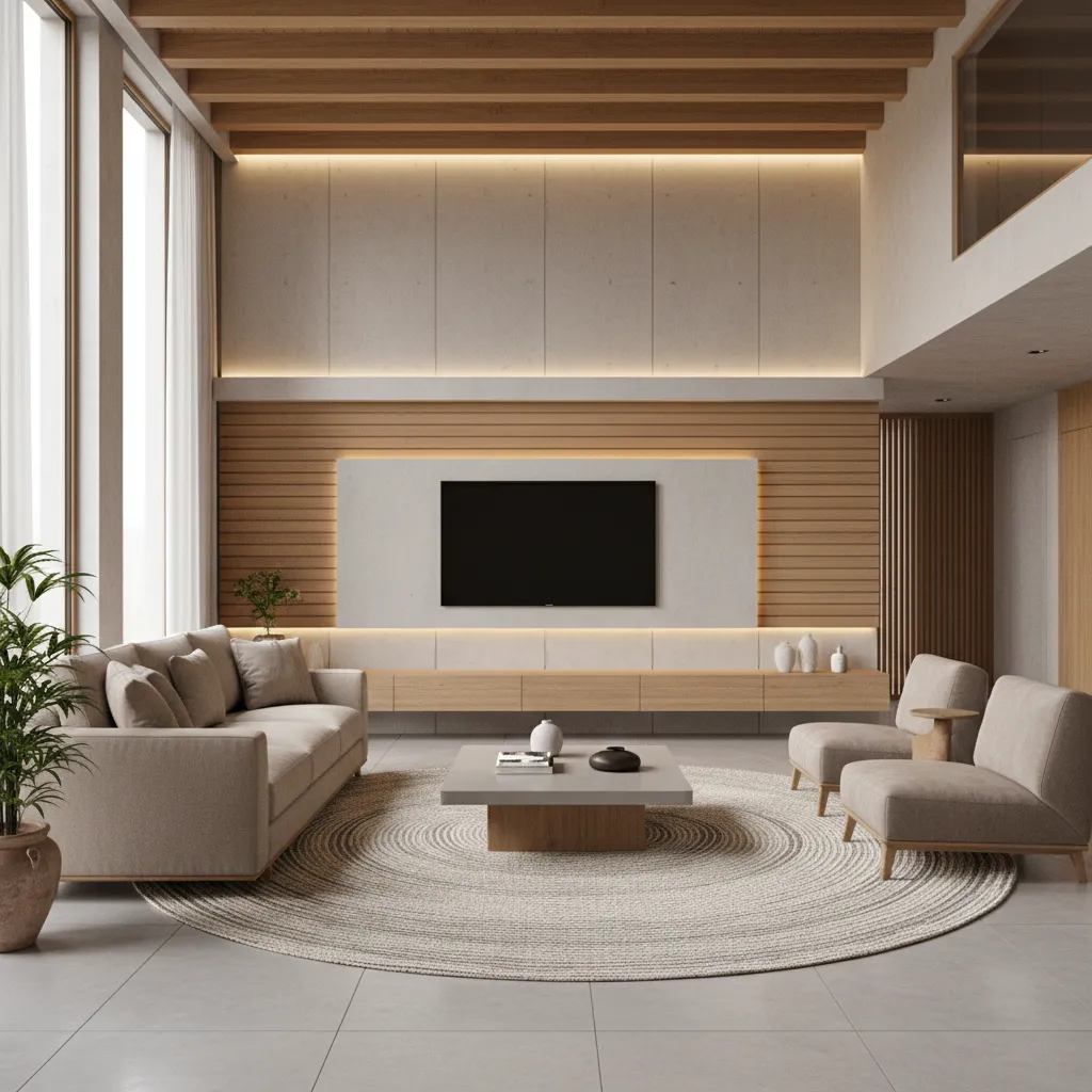 Modern living room with wooden ceiling, beige sofa, round rug, and TV on wood panel