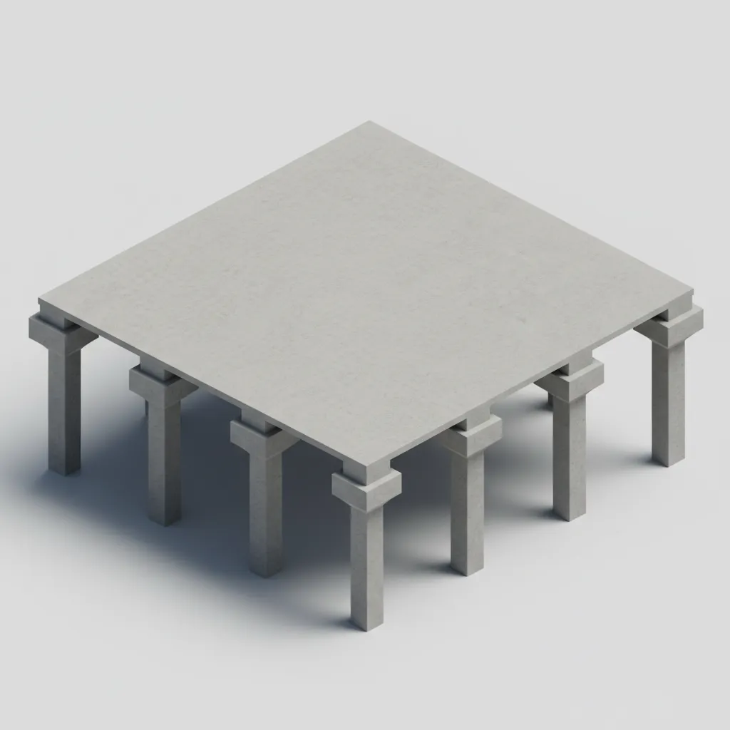 3D view of reinforced concrete flat slab with drop panels and column grid