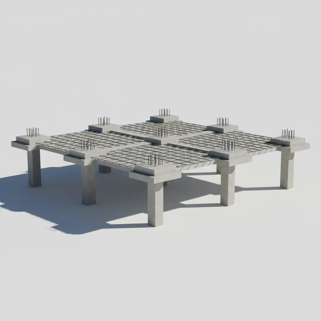 3D visualization of flat slab system with drop panels around columns