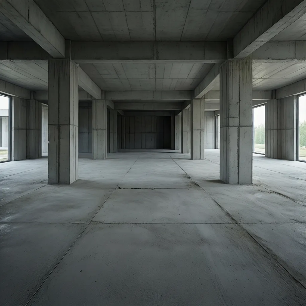 Wide column grid concrete structure showing long span flat slab with drop panels