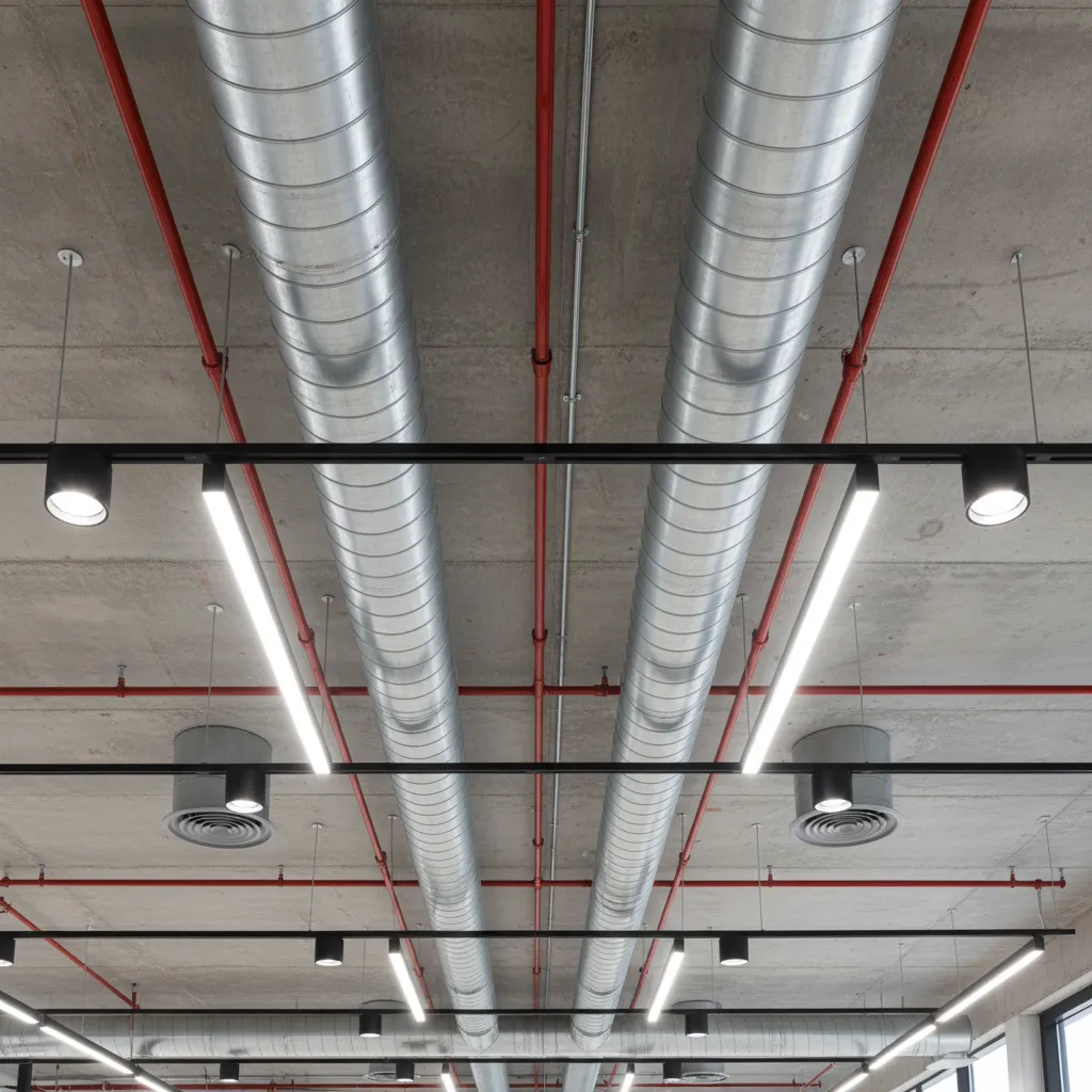 office ceiling infrastructure showing ducts and sprinklers below flat slab ceiling