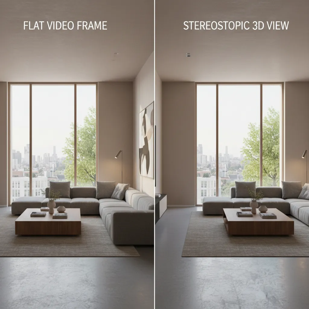 Comparison showing flat video frame versus stereoscopic 3D depth effect in a living room scene