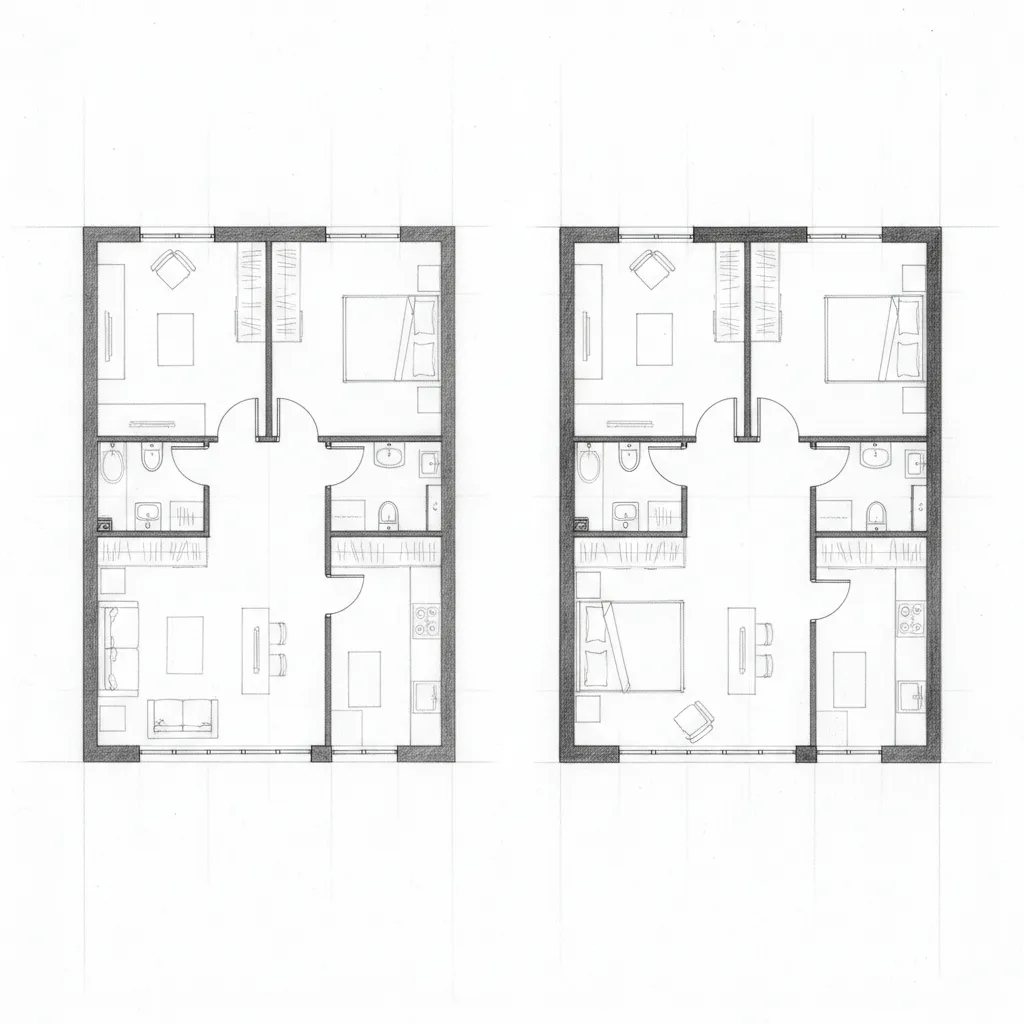Comparison of flat floor plan drawing and improved version with clear line weight hierarchy