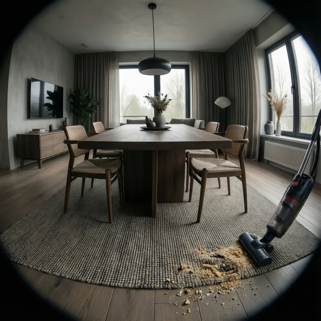 Flatweave rug in dining area showing easy maintenance surface