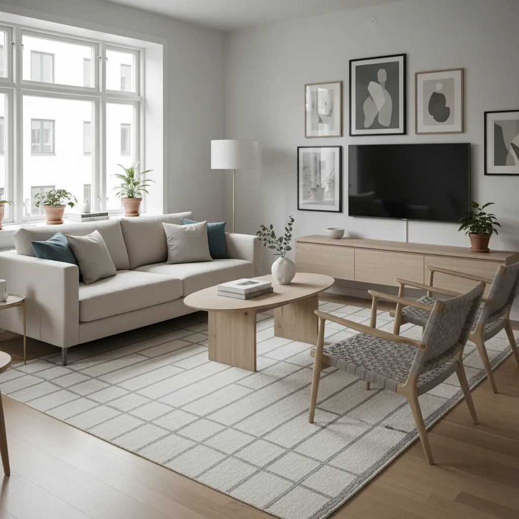 Flatweave rug in a minimalist small apartment living room