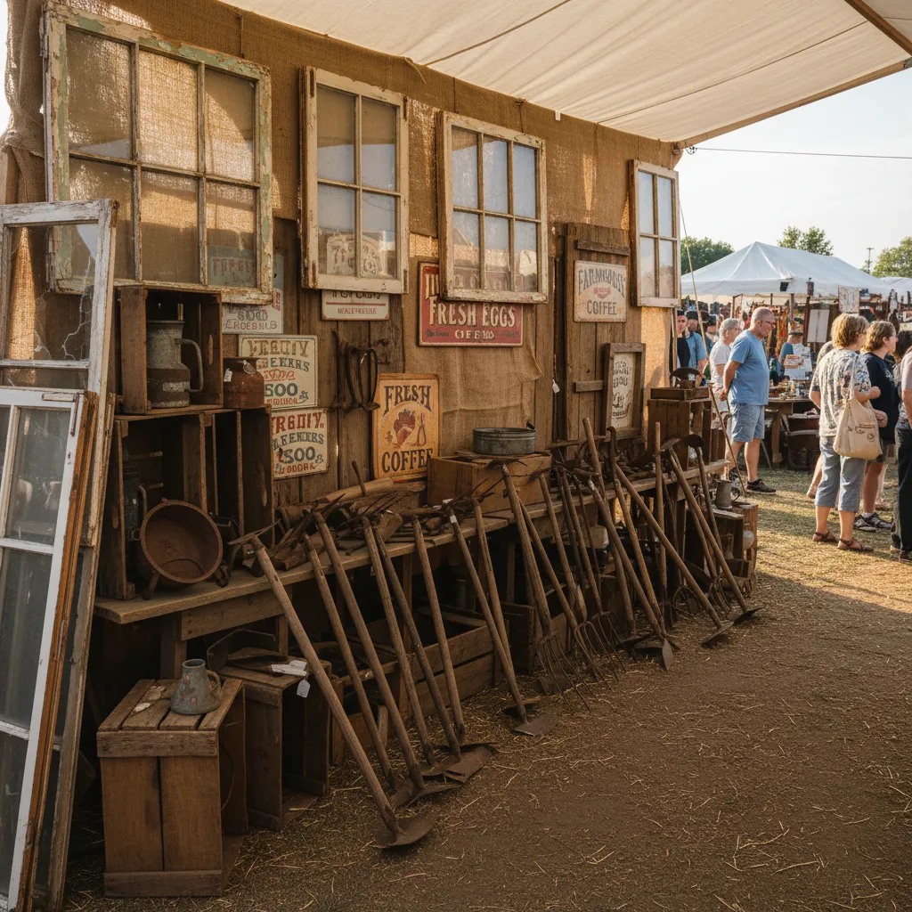 Vintage rustic decor pieces displayed at an outdoor flea market stall