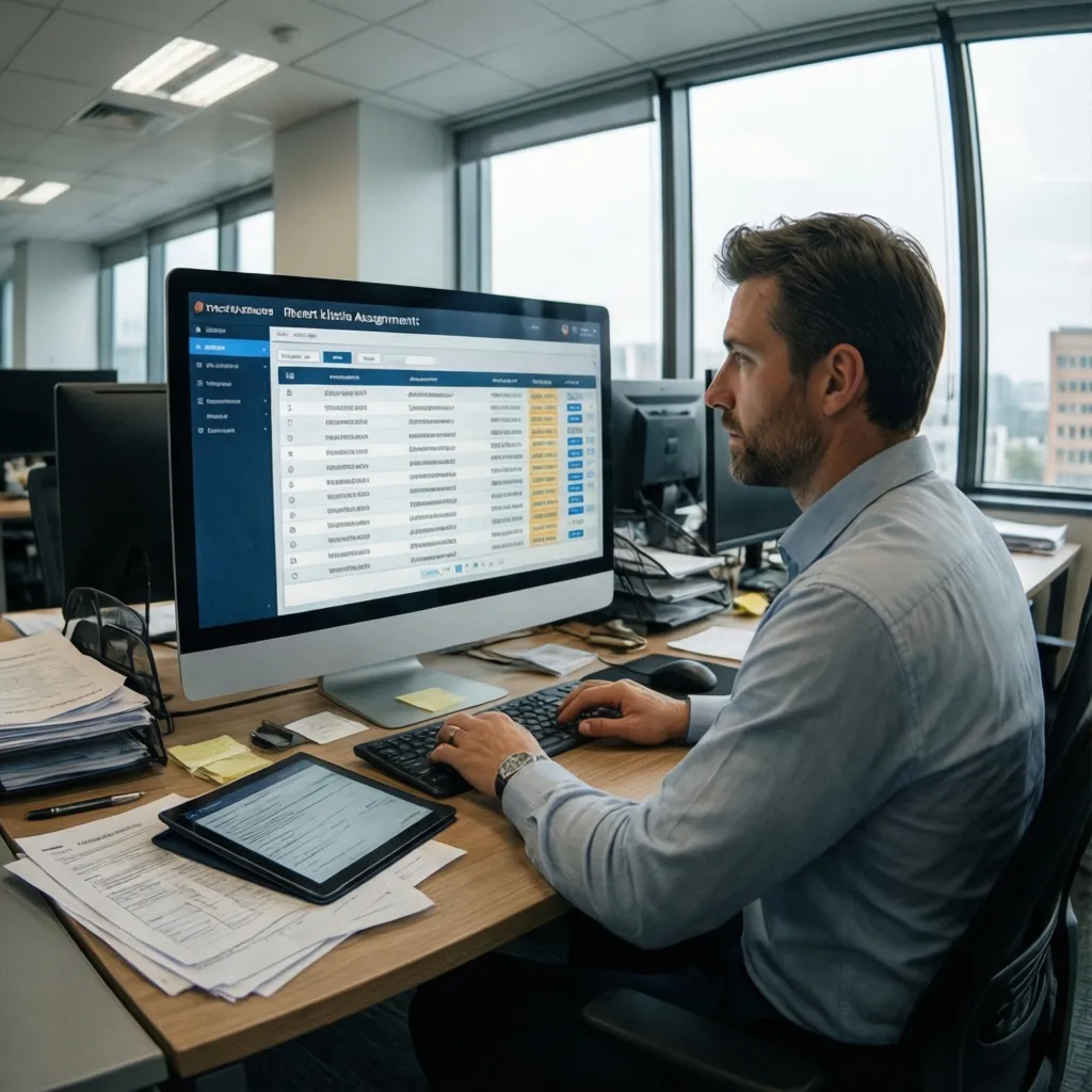 Fleet manager reviewing vehicle assignment records on office computer