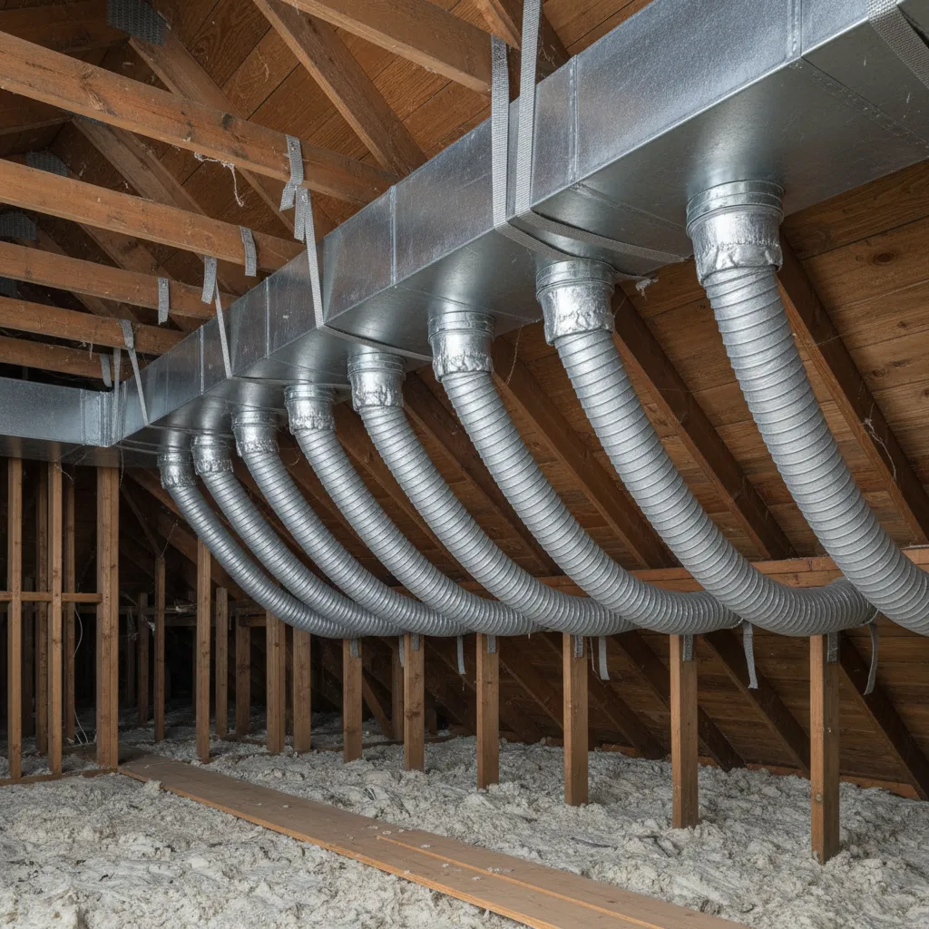 Properly supported flexible HVAC duct installation reducing airflow resistance