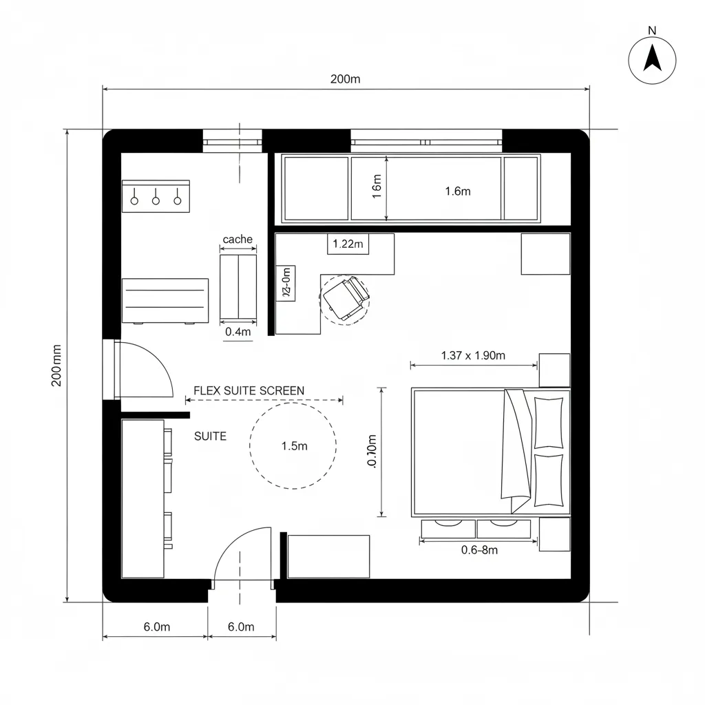 Simple floor plan for a small bedroom and office area with bed, desk, and storage cabinets