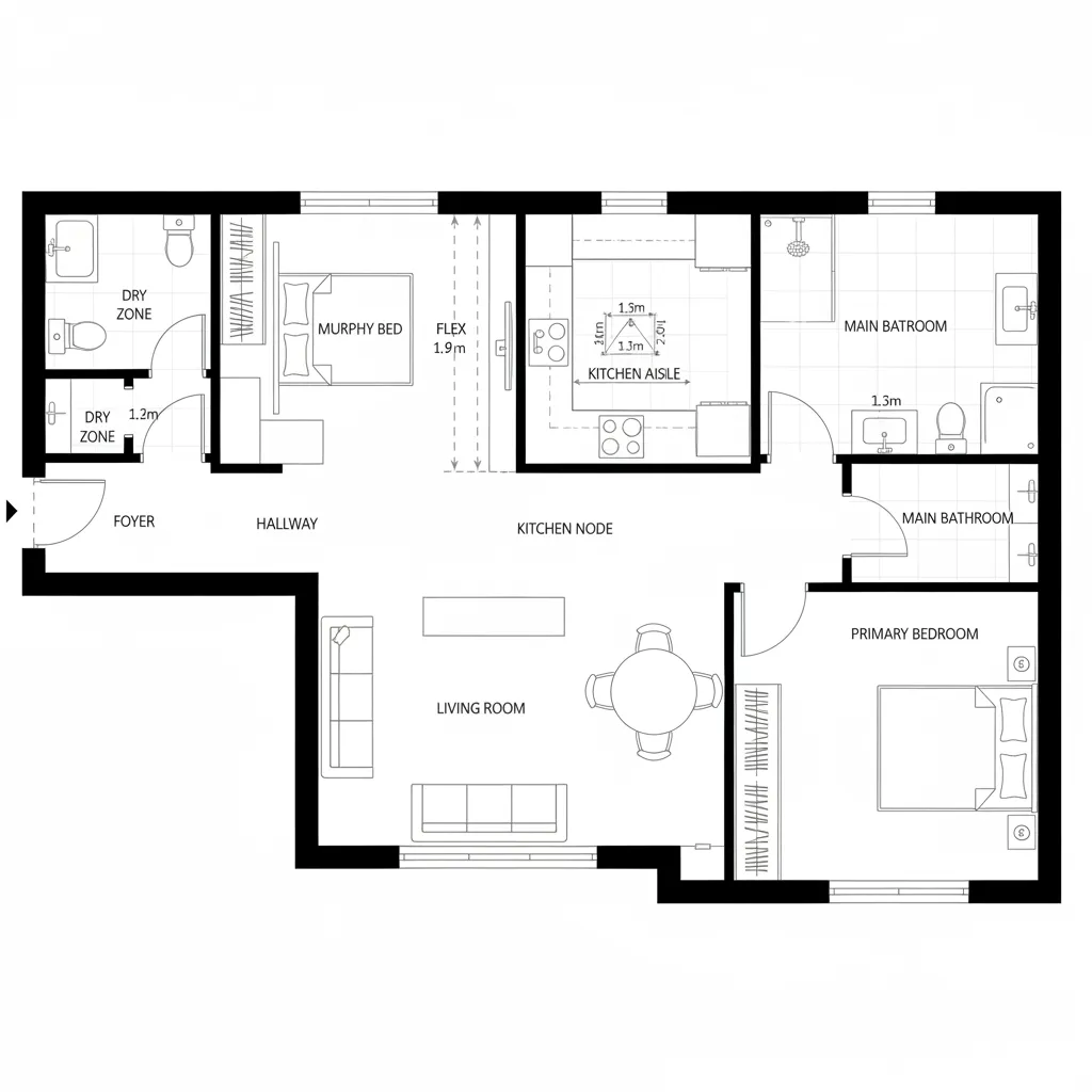 Interior design drawing of a home layout featuring two bedrooms spacious living room and kitchen area