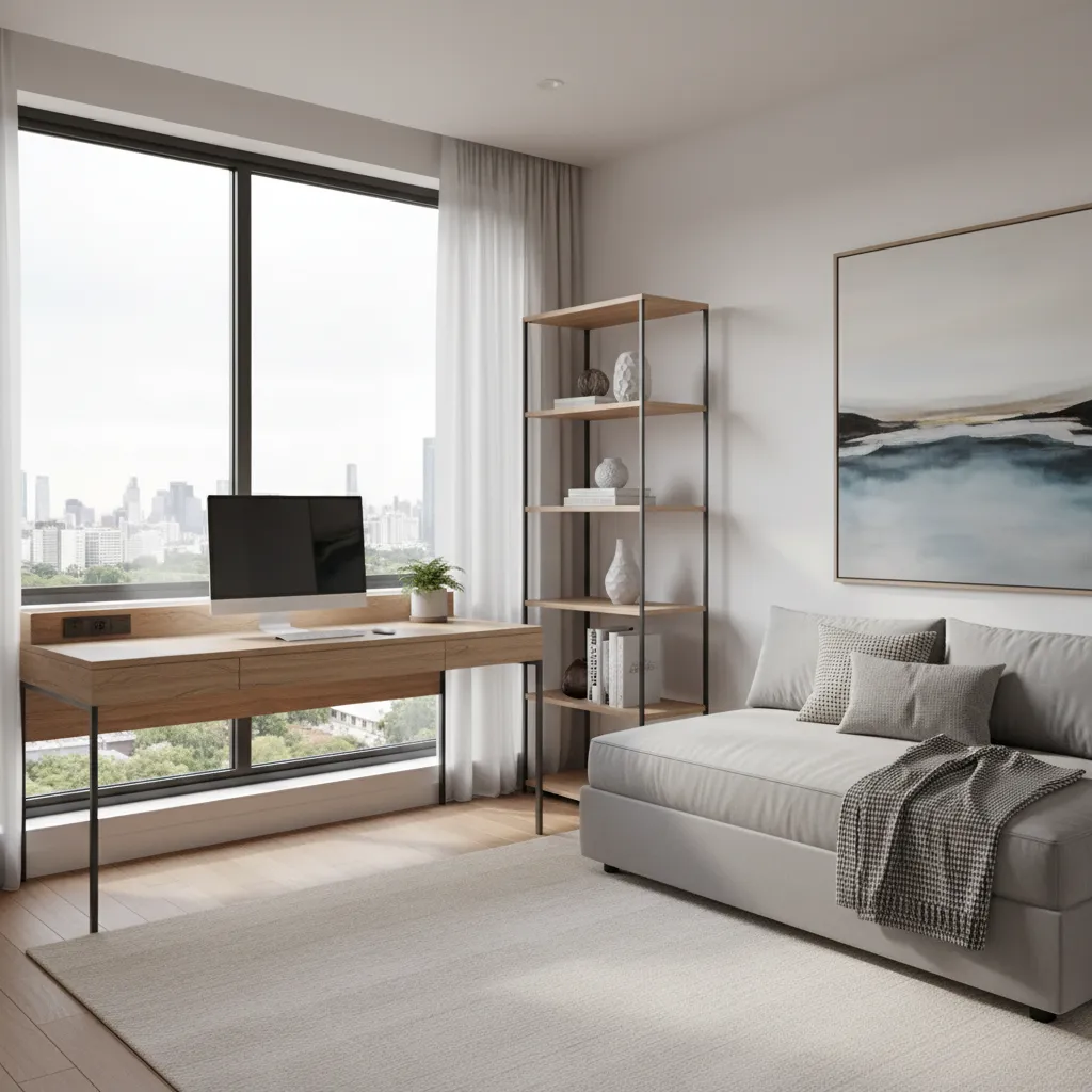 Flexible bedroom used as home office with guest bed in modern house