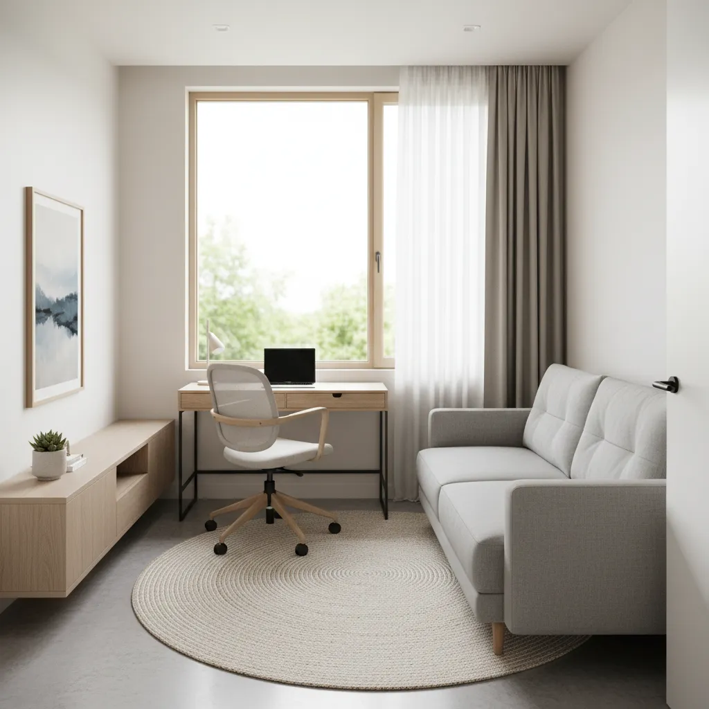 Modern home office guest room with grey sofa plus a wooden desk and white chair