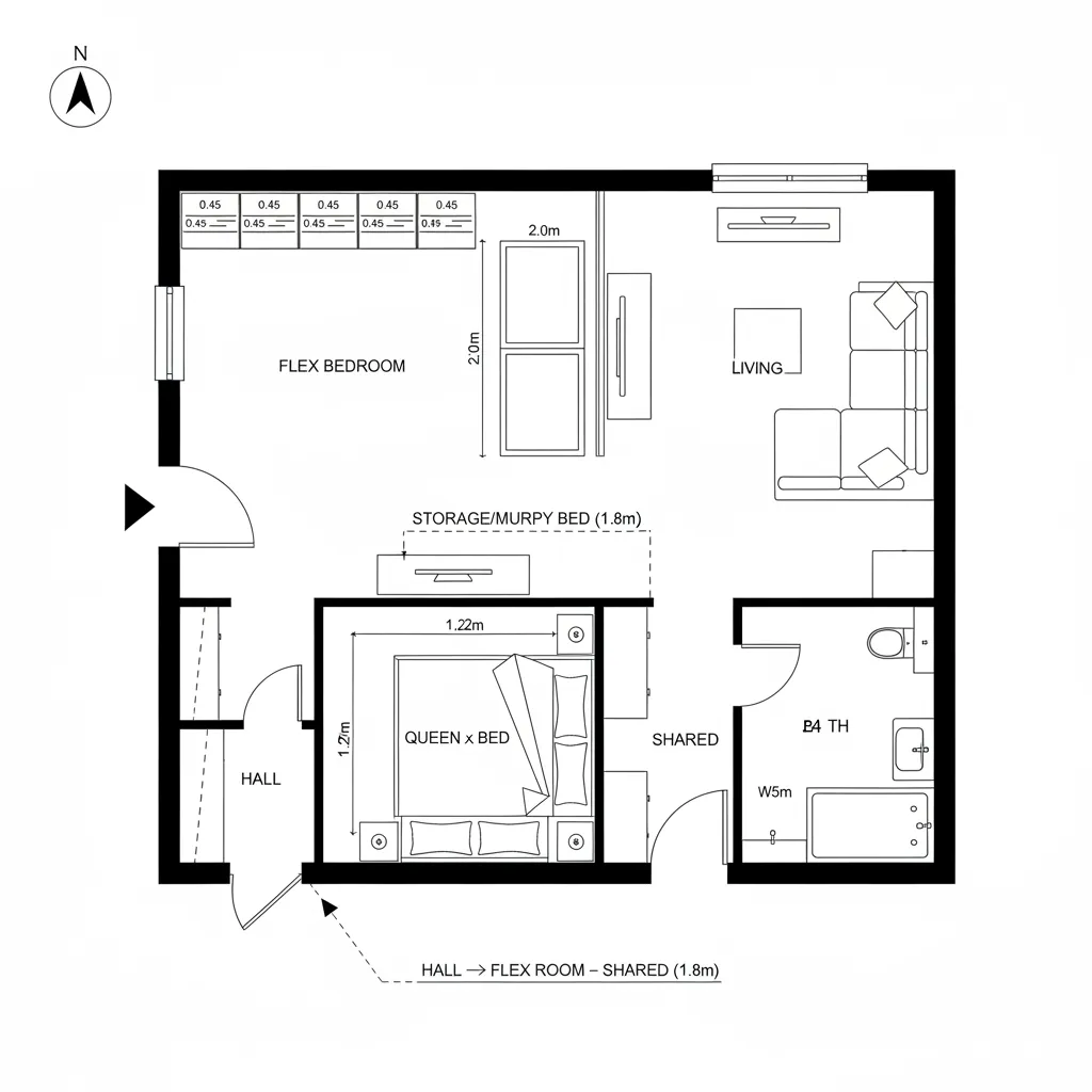 Top-down CAD plan of a flex bedroom with sliding partition, Murphy bed, desk at window, and shared bath access