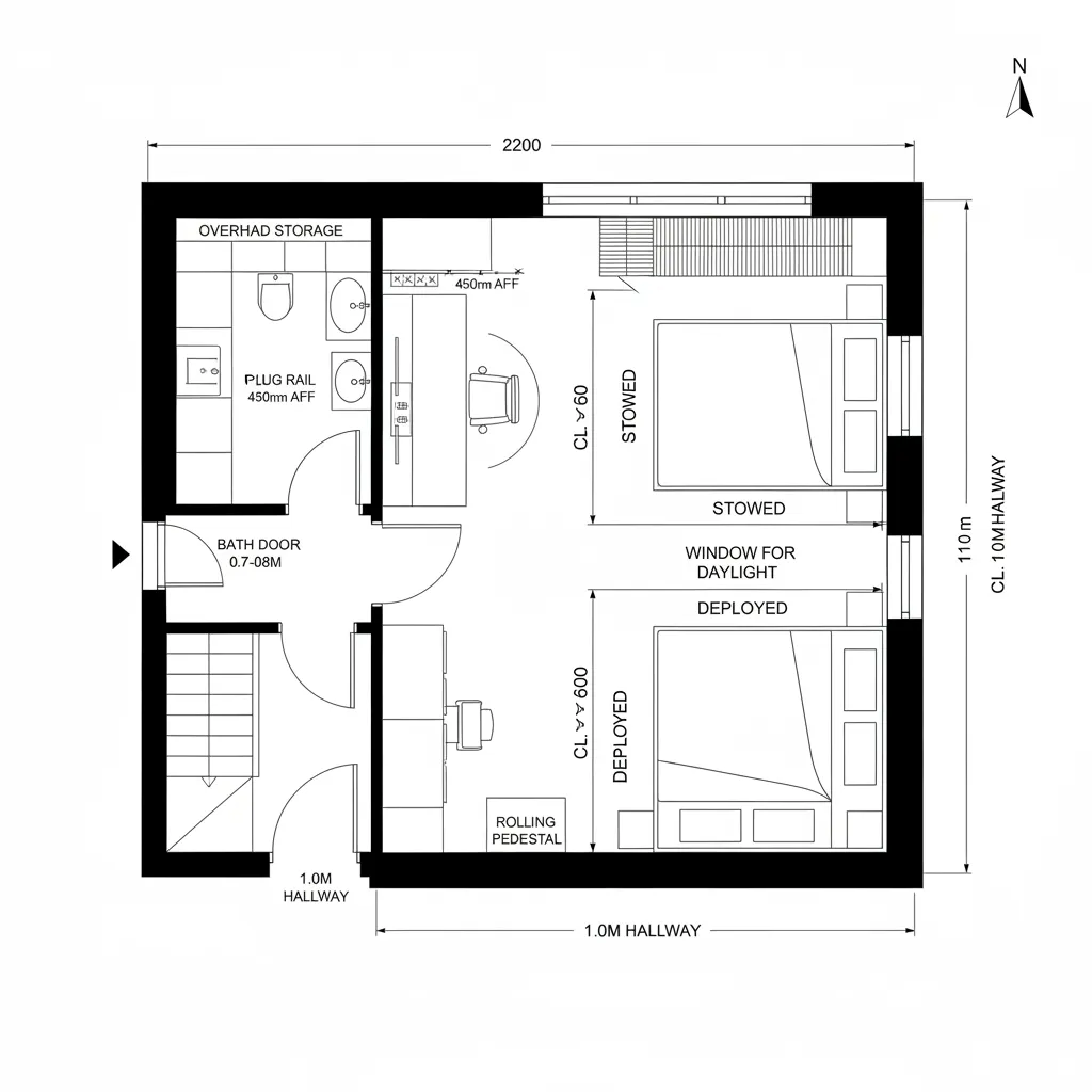 Top-down CAD plan of a flexible second bedroom with murphy bed, desk, closets, and safe clearances