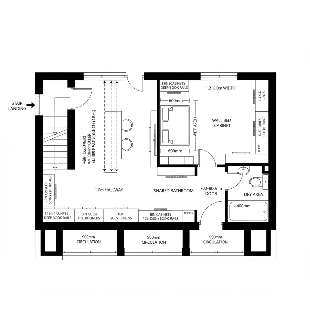 Top-down CAD plan of flex studio with sliding partition and shared bath