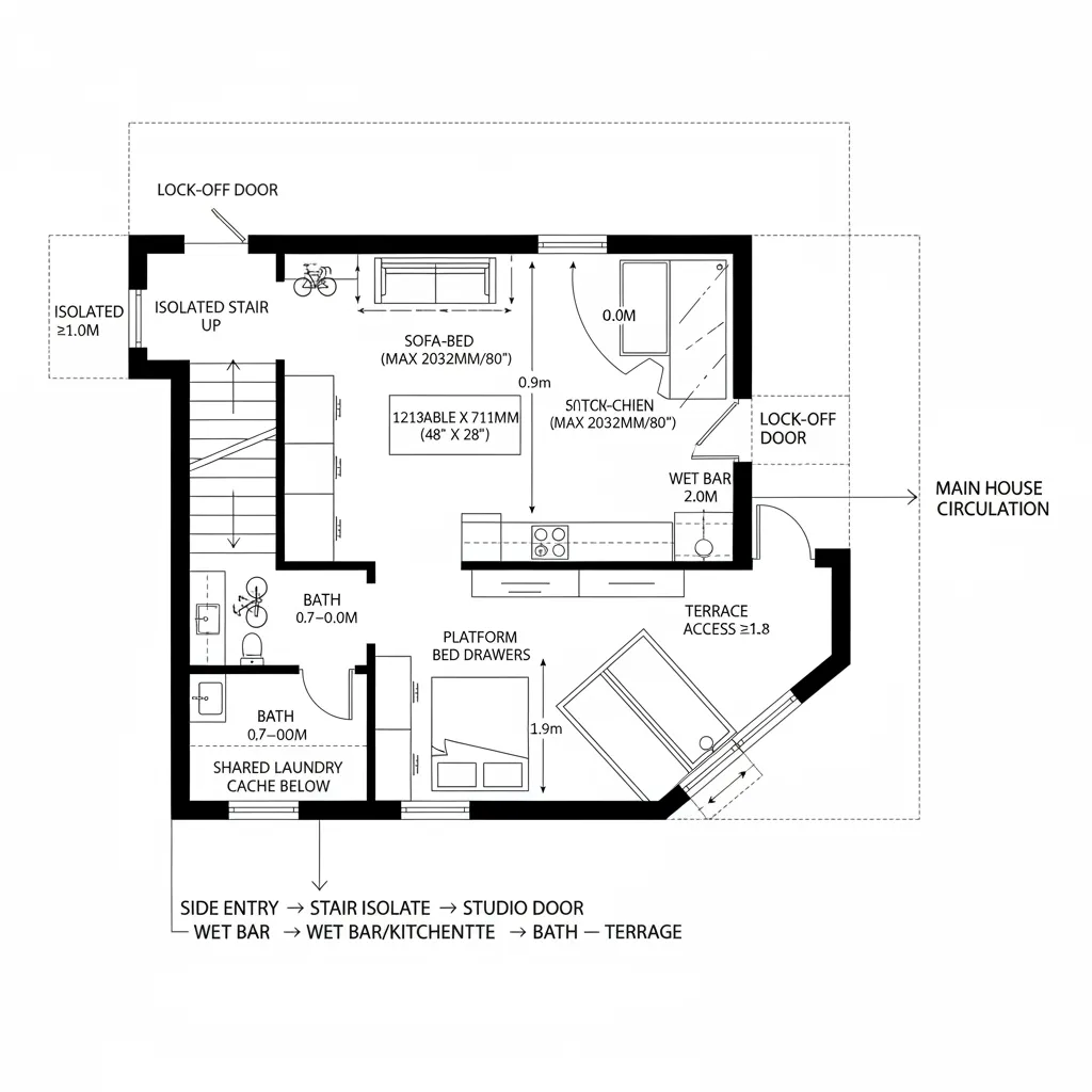 Interior design drawing showing a small studio room layout with sofa, bed, and wet bar