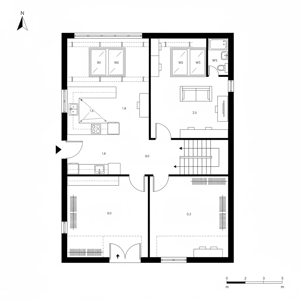 Top-down CAD plan of garage with stair to studio ADU above