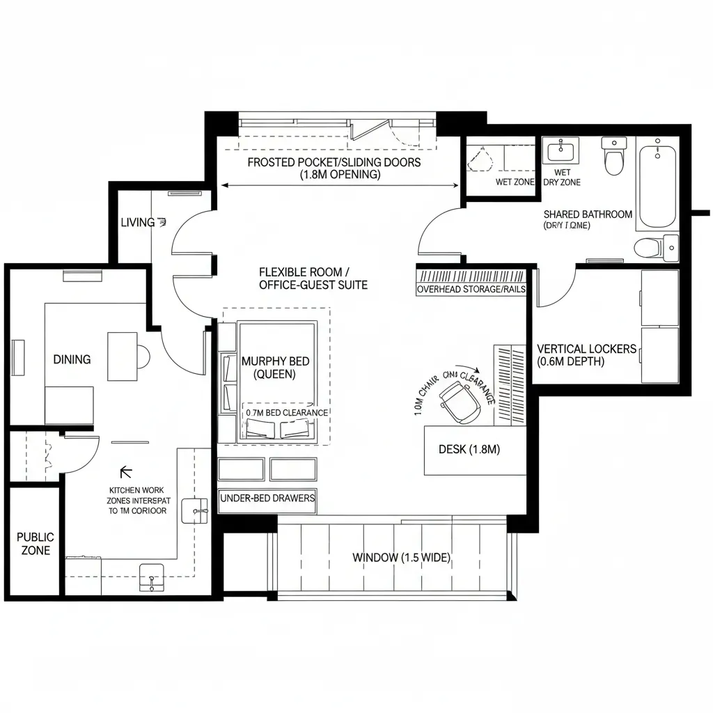 2D plan of a flexible third room with sliding doors, desk wall, murphy bed, and organized storage
