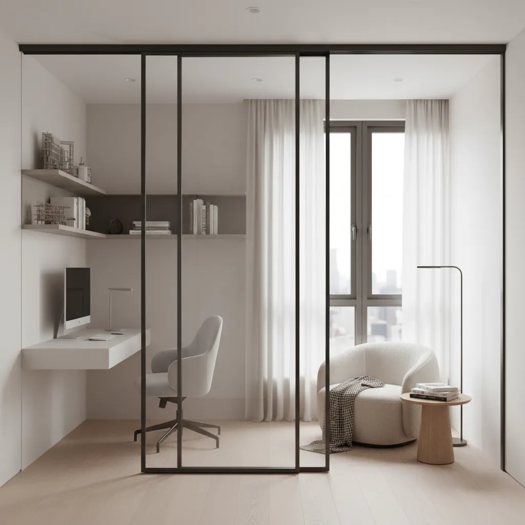 Modern apartment den designed as flexible multi purpose room with sliding partition