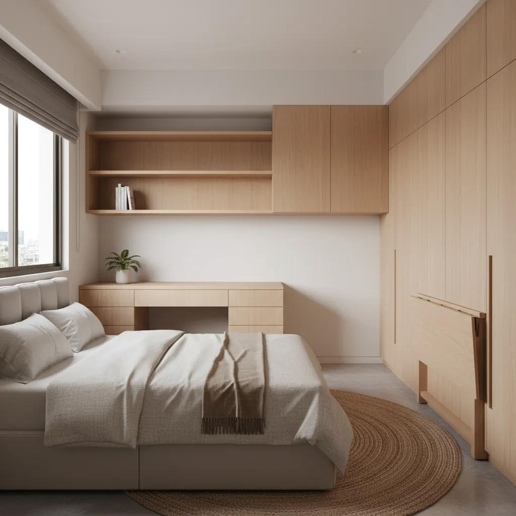 Bedroom with foldable desk and workspace in compact apartment