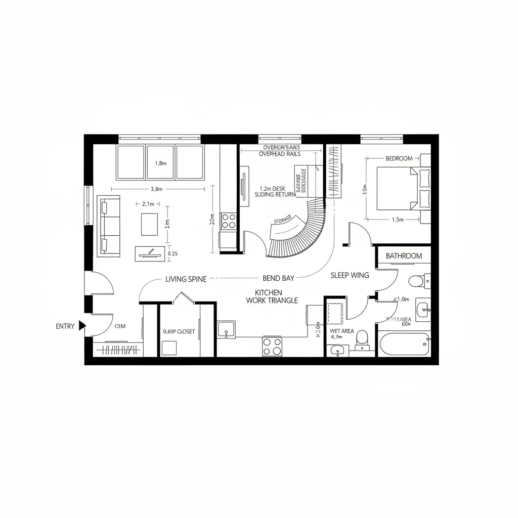 Detailed floor plan drawing showing living room kitchen bedroom bathroom and desk area with room labels