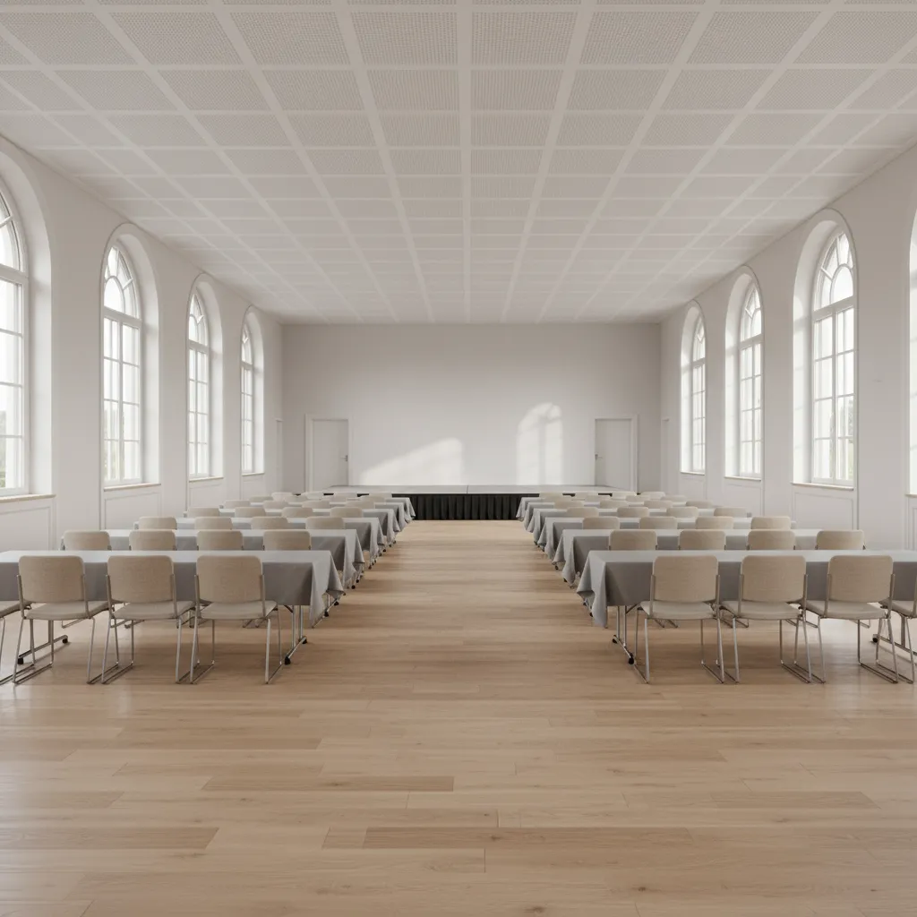 Flexible community hall layout with movable chairs and open floor