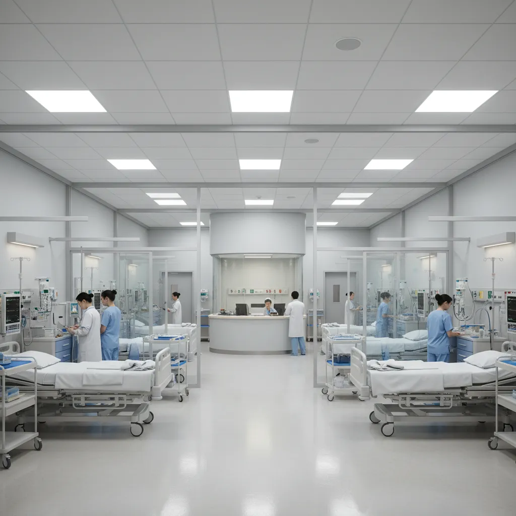 Flexible emergency department treatment rooms with modular partitions and medical equipment