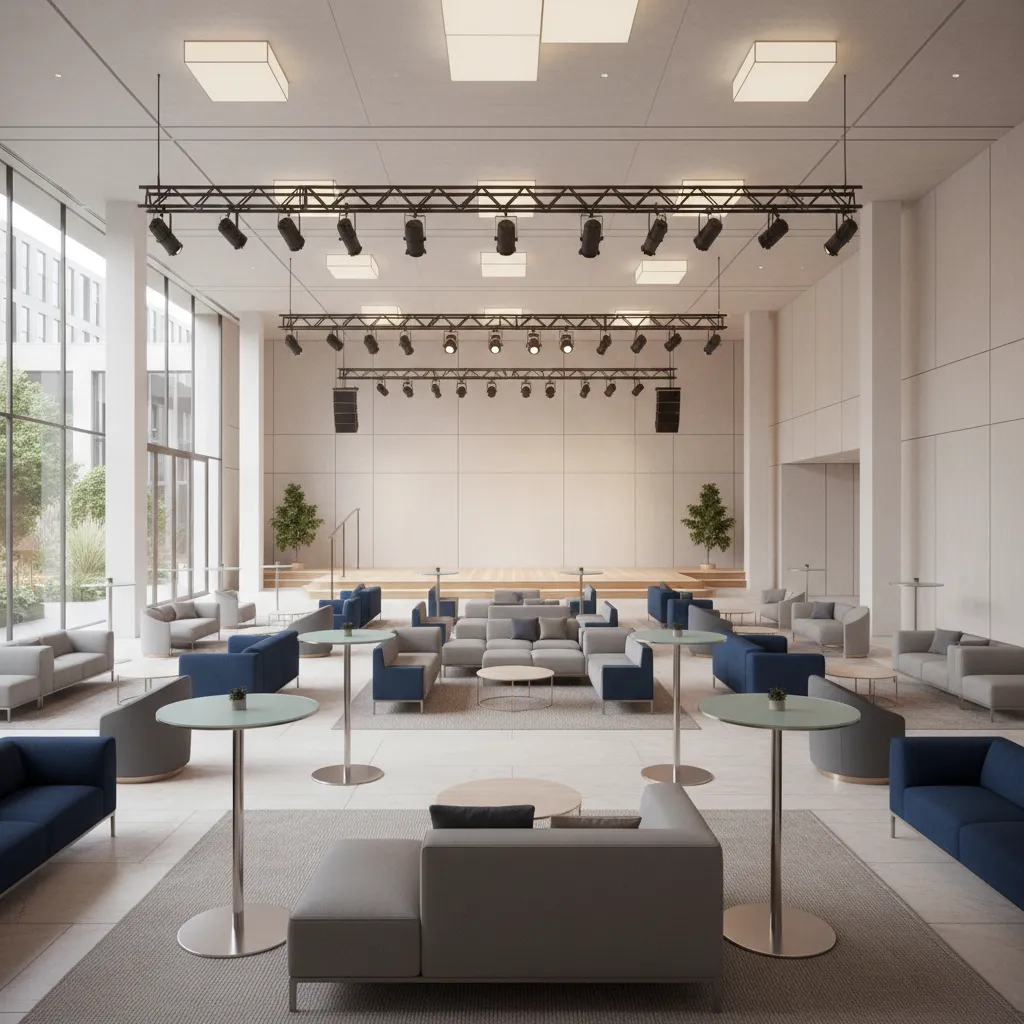 Flexible event layout with movable cocktail tables open networking space and stage area