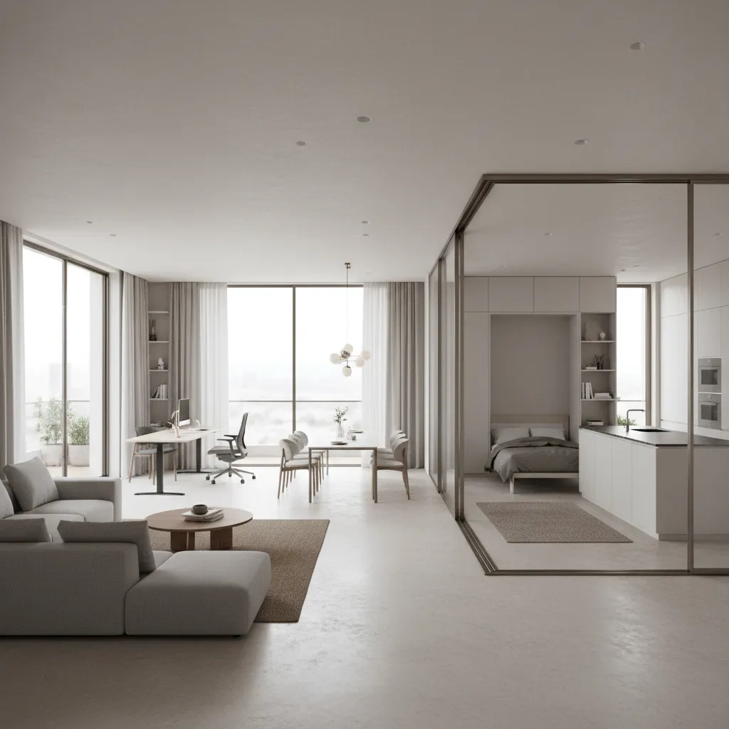 Modern open plan studio apartment with sofa desk dining table and bedroom behind glass walls