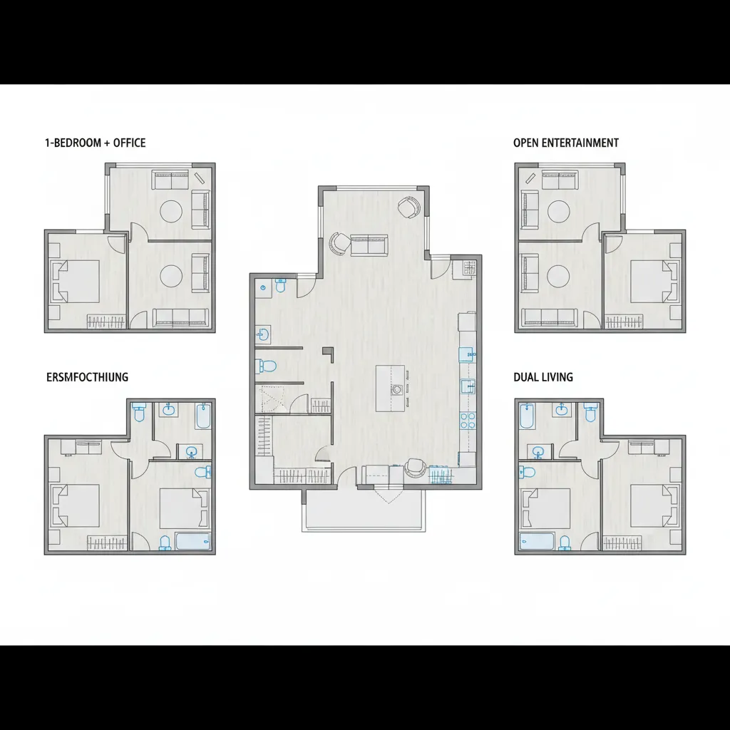 Plano de distribución flexible mostrando diferentes configuraciones de una habitación