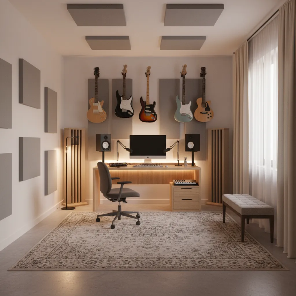small home music studio layout with practice area and recording desk