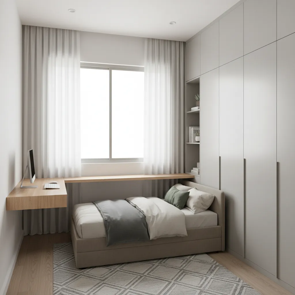 Flexible guest bedroom with wall desk and sofa bed in a Pune apartment