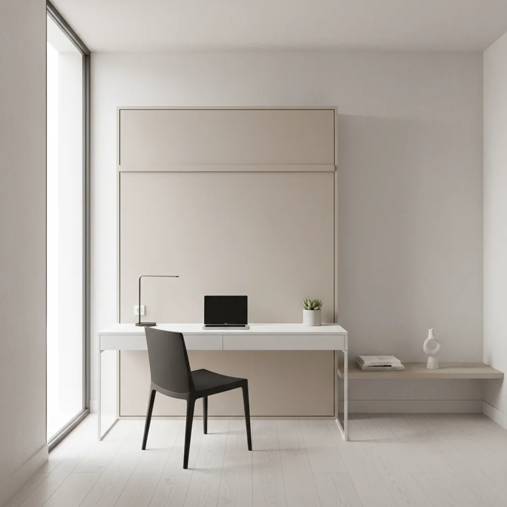 Small bedroom used as office and guest room with foldable furniture