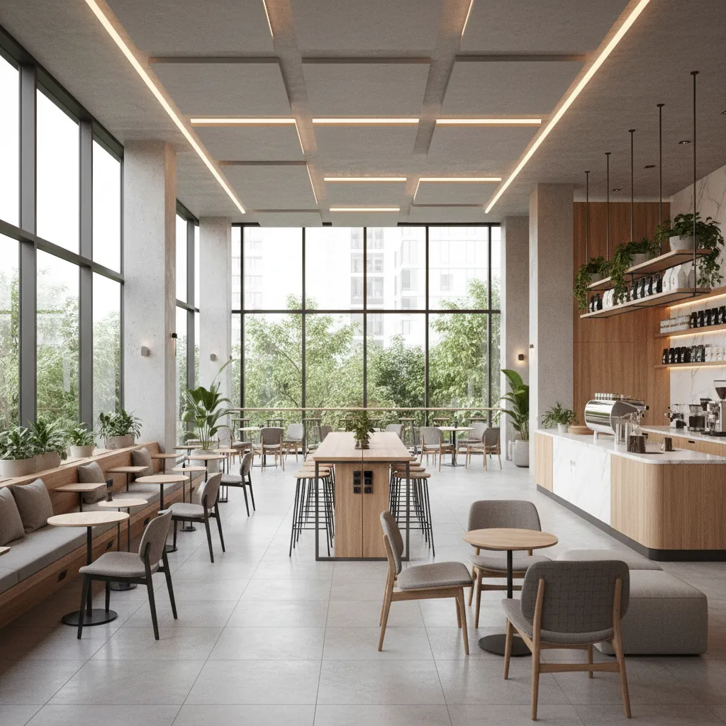 Espacio hospitality flexible que funciona como café y coworking