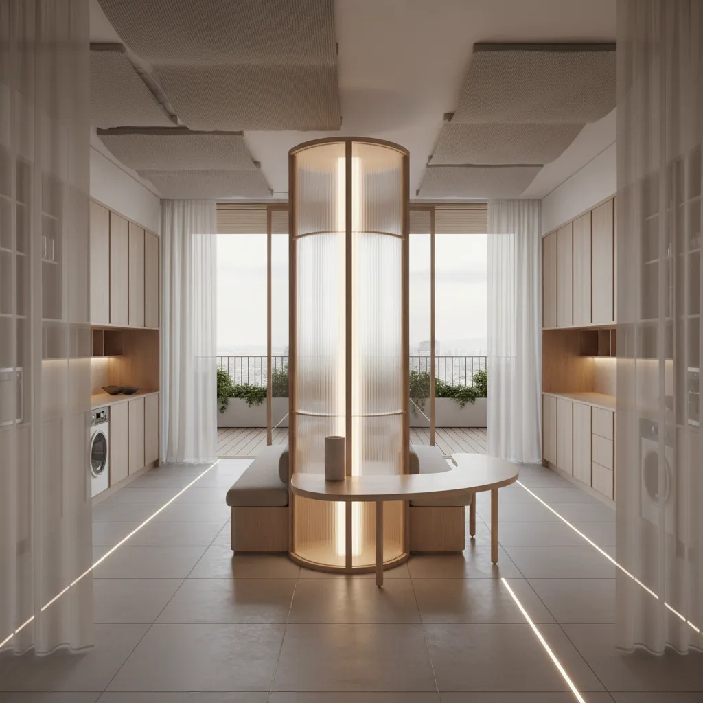 Modern interior design drawing with glowing central pillar, wooden storage cabinets, curtains, and balcony view.