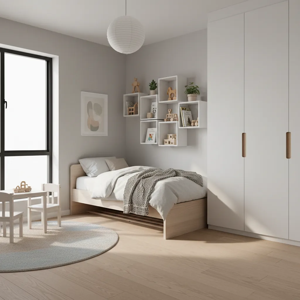 Modern kids bedroom with neutral colors and flexible furniture layout
