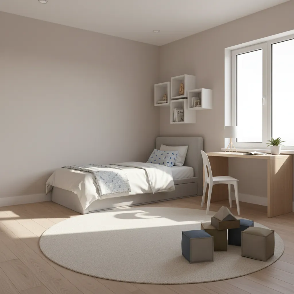 kids bedroom layout with bed desk and open floor space