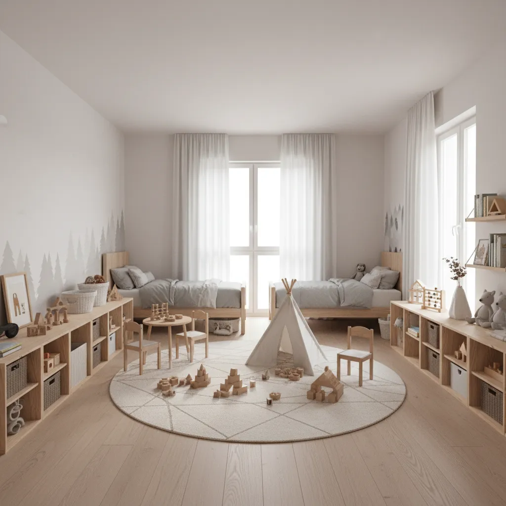 flexible kids bedroom layout with bed storage and open play area