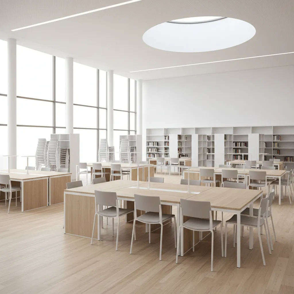 Flexible modular furniture layout in contemporary library